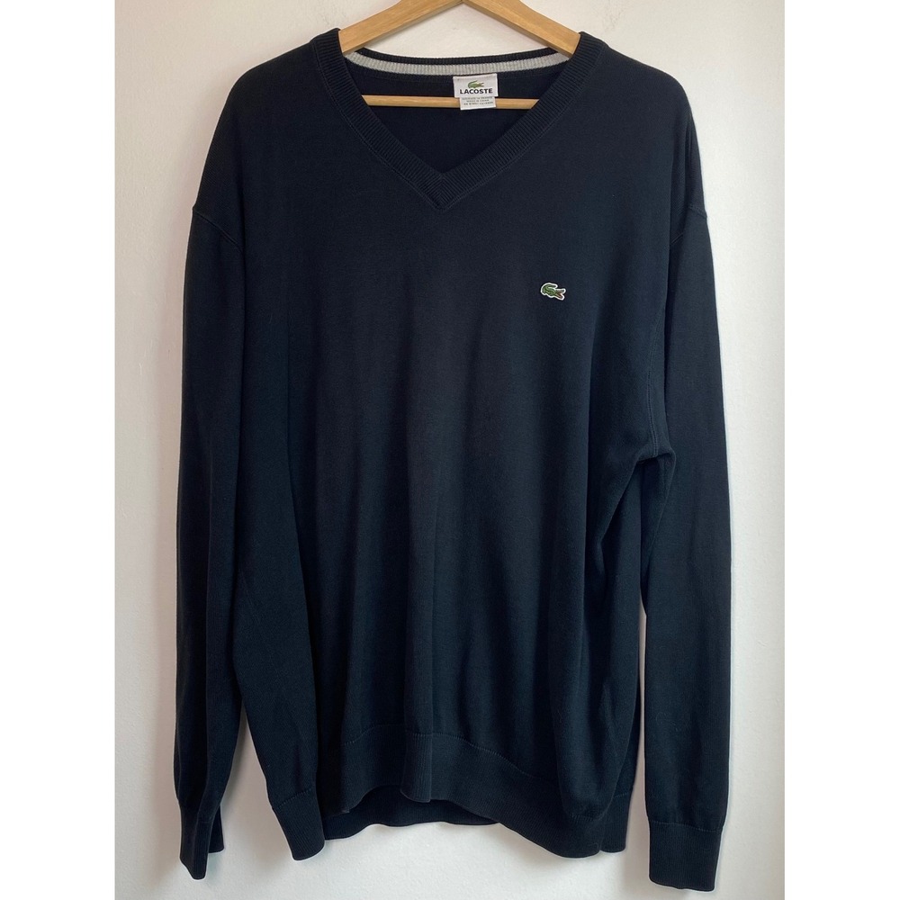 Lacoste V-Neck Sweater Mens 7 XXL Black Cotton Knit Pullover Classic Preppy